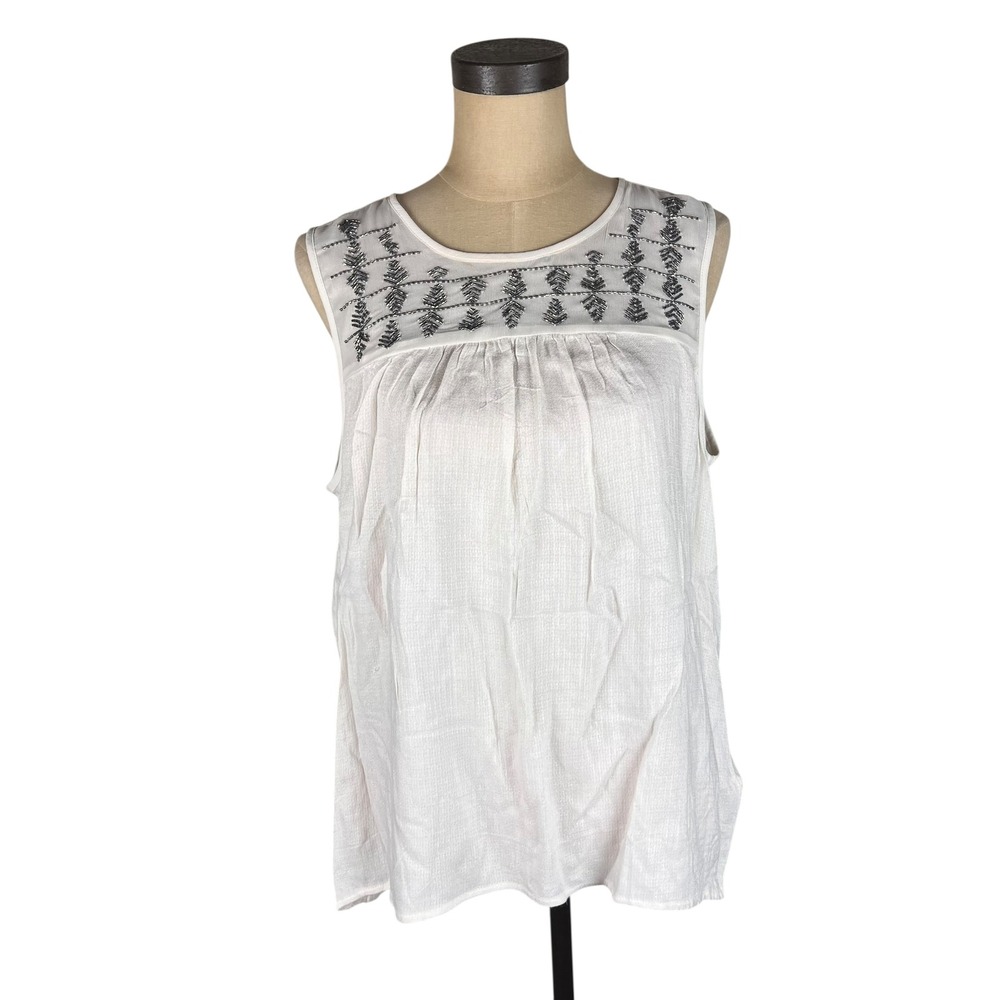 Lucky Brand Womens White Beaded Sleeveless Boho Blouse Top Large RN 80318
